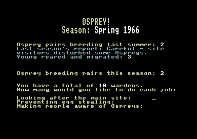 Osprey! (Commodore 64) screenshot: In 1966, some visitors disturbed the osprey.