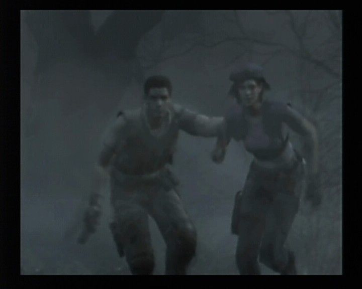Resident Evil (GameCube) screenshot: Jill and Chris running away from some very hungry dogs