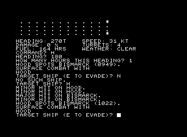 North Atlantic Convoy Raider (Commodore PET/CBM) screenshot: In and out of fog - start exchanging broadsides with Hood