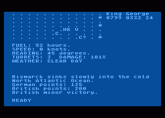 North Atlantic Convoy Raider (Atari 8-bit) screenshot: Game end - German 125 British 200 British Minor victory