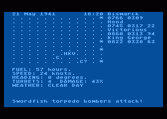 North Atlantic Convoy Raider (Atari 8-bit) screenshot: Major problem all 3 battleships and torpedo planes - all is lost