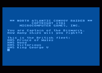 North Atlantic Convoy Raider (Atari 8-bit) screenshot: Selected 4 British Battleships - Prince, Hood, Vic, KGV