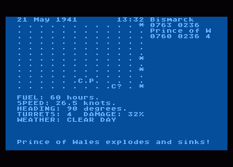 North Atlantic Convoy Raider (Atari 8-bit) screenshot: Prince of Wales explodes from fire of the Bismarck