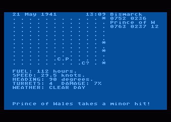 North Atlantic Convoy Raider (Atari 8-bit) screenshot: Broadsides on the Prince of Wales - she is in trouble