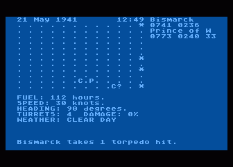 North Atlantic Convoy Raider (Atari 8-bit) screenshot: Can't shake the torpedo plane - take a hit!