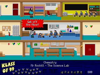 Klass of '99 (DOS) screenshot: Eric sitting on the floor of the science lab.