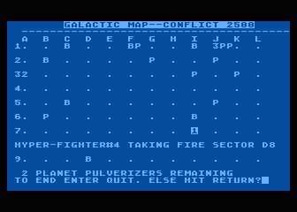 Conflict 2500 (Atari 8-bit) screenshot: Fighter #4 taking damage from attack