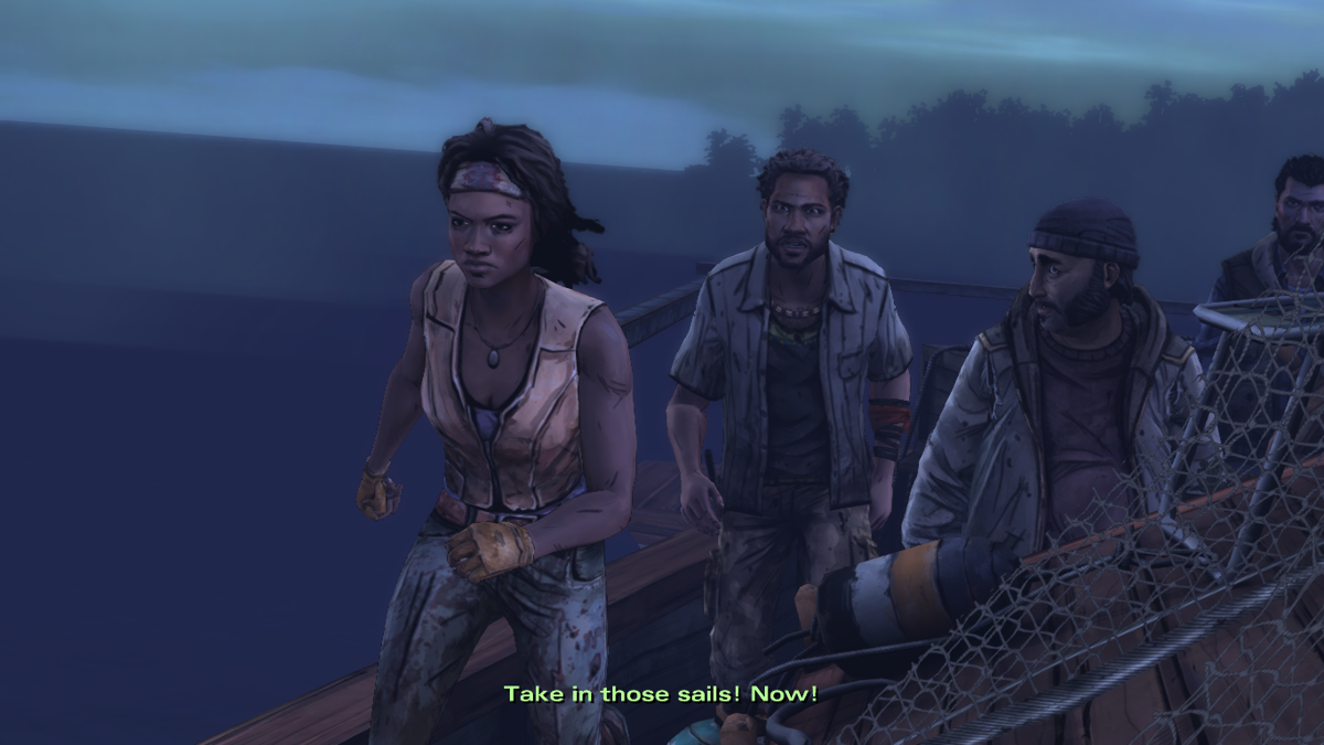 The Walking Dead: Michonne (Macintosh) screenshot: Episode 1 - Helping with the sails