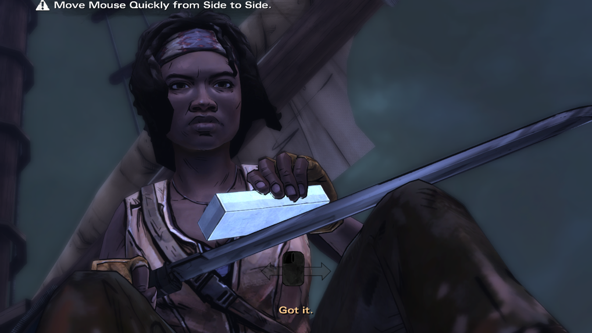The Walking Dead: Michonne (Macintosh) screenshot: Episode 1 - Sharpening your blade