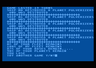 Conflict 2500 (Atari 8-bit) screenshot: End of game and analysis summary