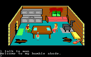 King's Quest (PC Booter) screenshot: Inside the cabin talking with it's owner. (Original PCjr release)