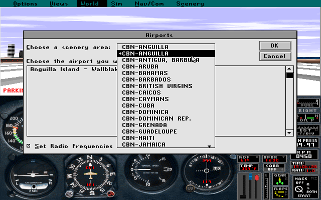 Microsoft Caribbean: Scenery Enhancement for Microsoft Flight Simulator (DOS) screenshot: The add-on gives the player twenty-eight countries / locations. Some locations such as Aruba have only one airfield while others such as USA Florida have many