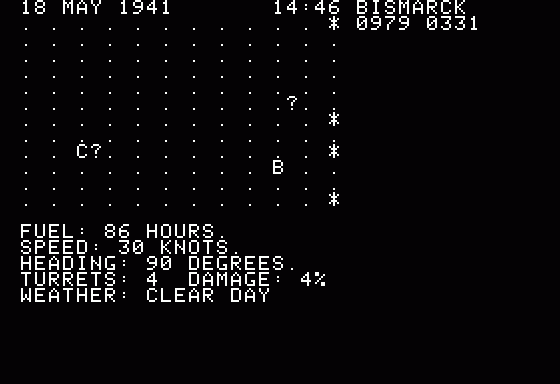 North Atlantic Convoy Raider (Apple II) screenshot: Convoy shipping got passed us must catch them