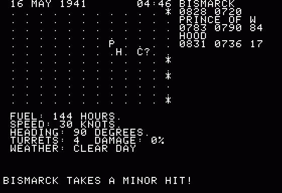 North Atlantic Convoy Raider (Apple II) screenshot: Bismarck taking some damage