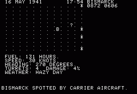 North Atlantic Convoy Raider (Apple II) screenshot: Evade battleships and a carrier aircraft spots us