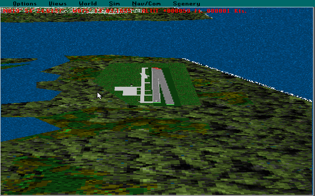 Microsoft Caribbean: Scenery Enhancement for Microsoft Flight Simulator (DOS) screenshot: Guantanamo Bay airport from a long way out using the enhanced scenery