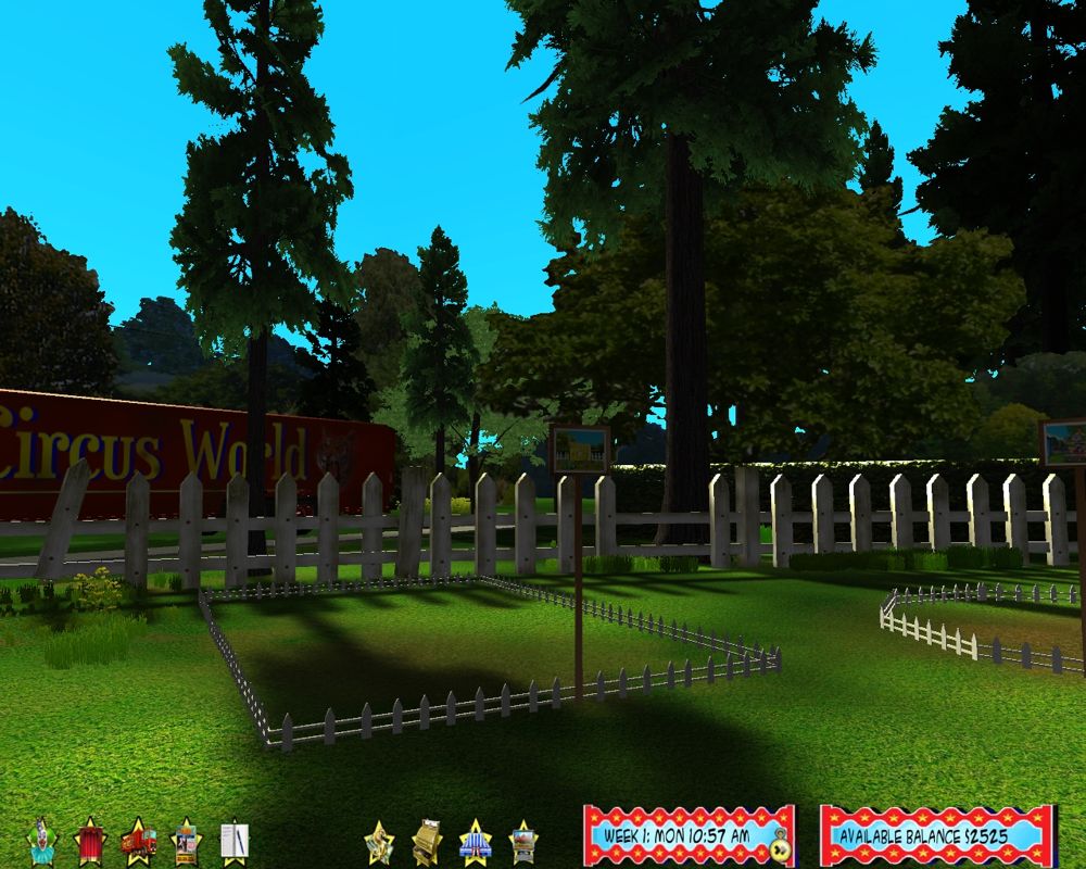 Circus World (Windows) screenshot: The player can wander around the site looking for litter and opening/closing side shows. W/S keys move forward/back while the mouse steers