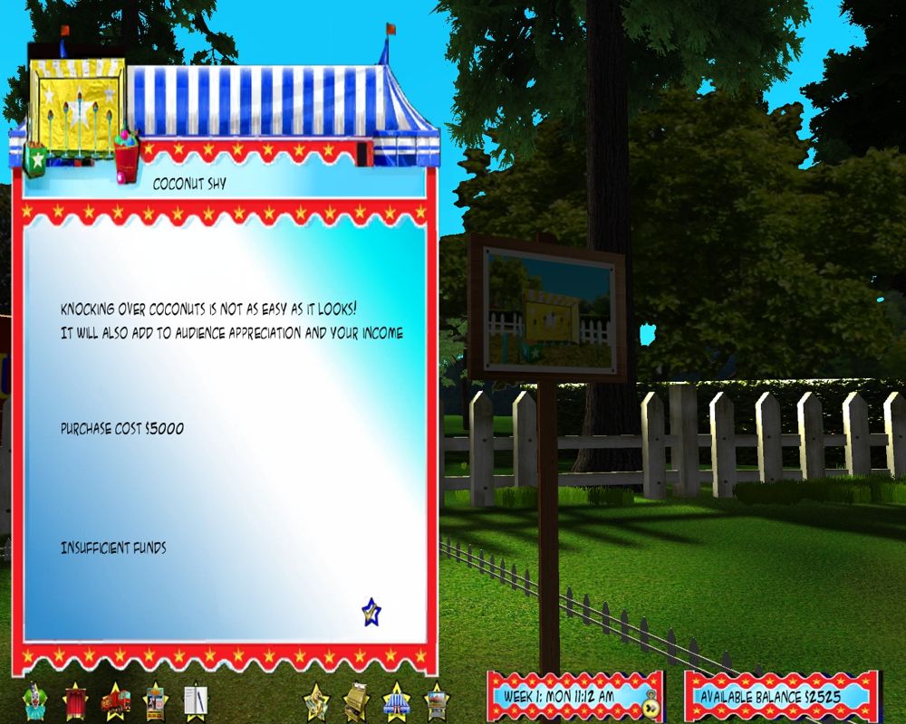 Circus World (Windows) screenshot: Erecting a side show. This is done by locating the appropriate pitch and clicking on it