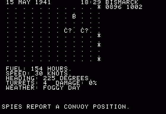 North Atlantic Convoy Raider (Apple II) screenshot: Spies report convoy location