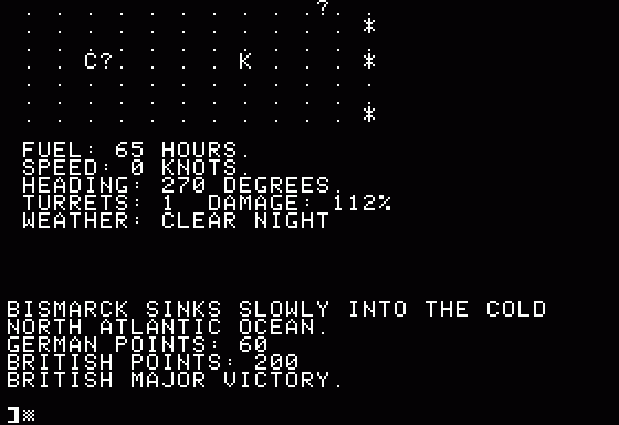 North Atlantic Convoy Raider (Apple II) screenshot: Game end - Bismarck sunk - British Major Victory