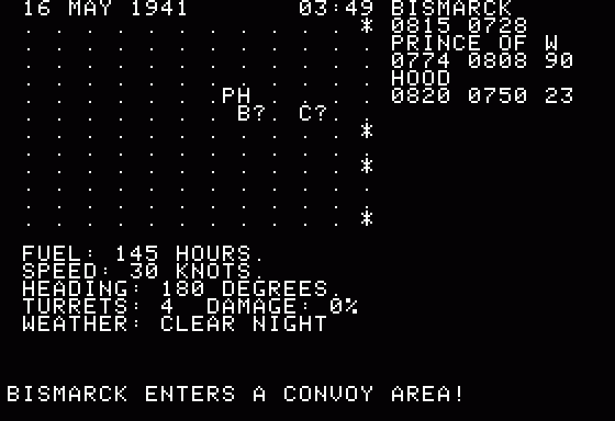 North Atlantic Convoy Raider (Apple II) screenshot: Moving in to attack shipping convoy
