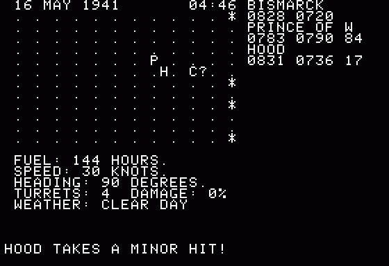 North Atlantic Convoy Raider (Apple II) screenshot: Battle with Hood and it takes a minor hit