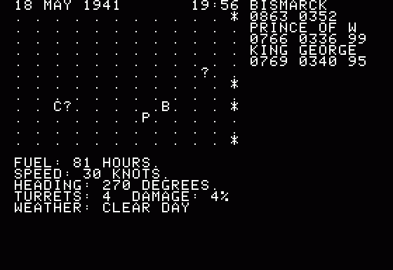 North Atlantic Convoy Raider (Apple II) screenshot: The convoy has battleship protection