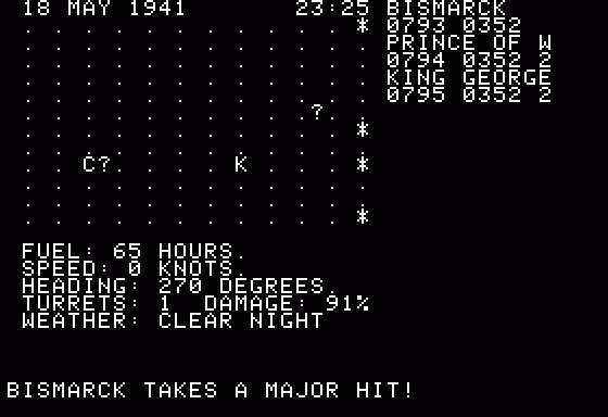 North Atlantic Convoy Raider (Apple II) screenshot: Both Prince & KGV open up on the Bismarck major hits and damage at 91%