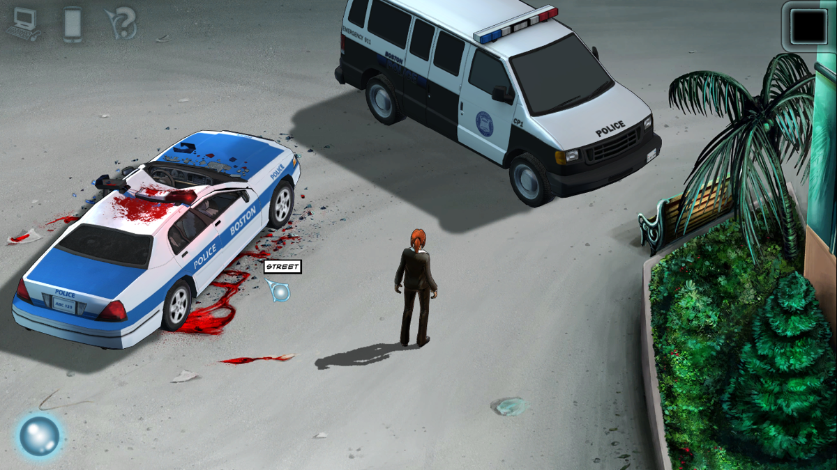 Cognition: An Erica Reed Thriller - Episode 3: The Oracle (Macintosh) screenshot: Looks like someone landed on top of this police car
