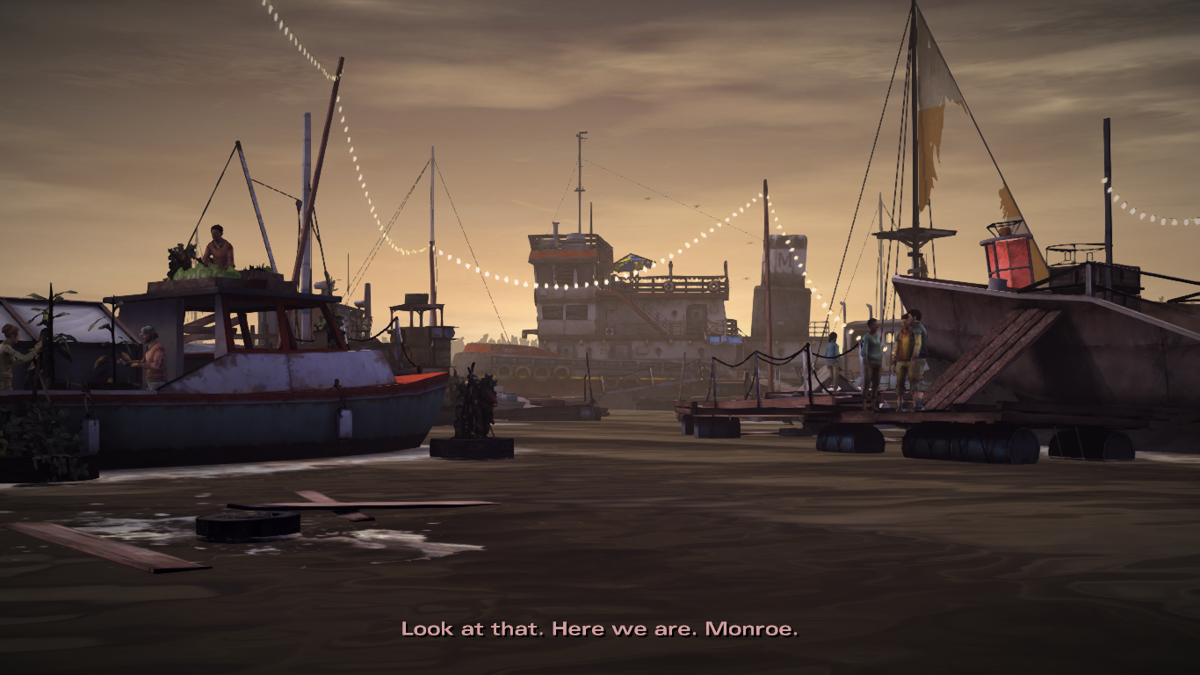 The Walking Dead: Michonne (Macintosh) screenshot: Episode 1 - Looks like a settlement of a sort
