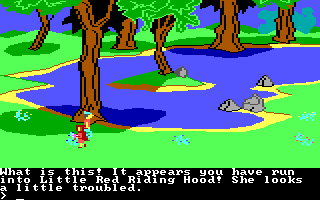 King's Quest II: Romancing the Throne (PC Booter) screenshot: Little Red Riding Hood. (PCjr)