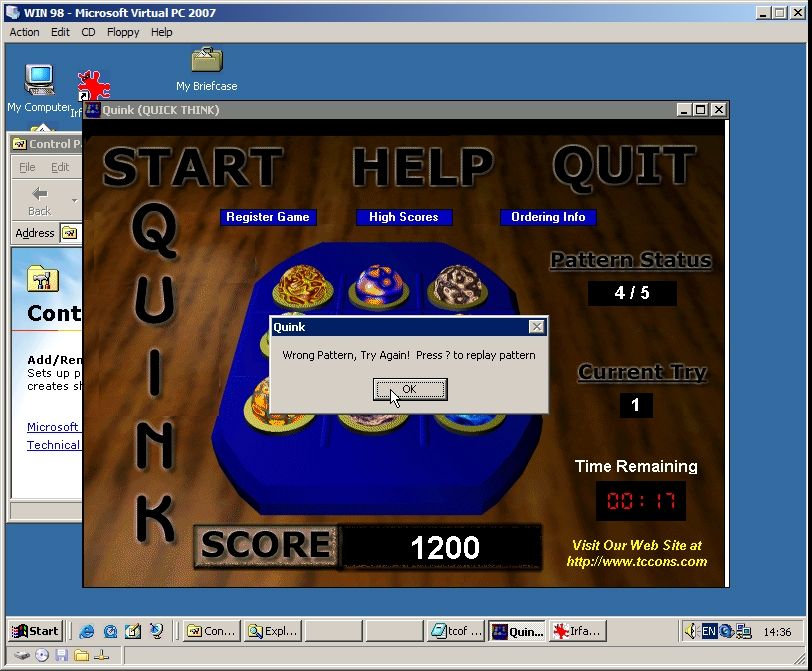 Quink (Quick Think) (Windows) screenshot: The player continues replicating patterns until they make a mistake