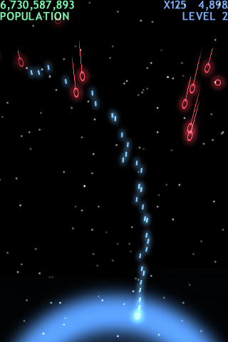 Blue Defense! (iPhone) screenshot: Level 2 - zooming out a little, first "streamers" appearing