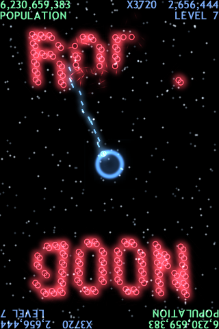 Blue Defense! (iPhone) screenshot: In this level the enemies form the text "ROFL NOOB". The planet always fires upwards, so you will have to rotate the iPhone 180 degrees to fire in the other direction.