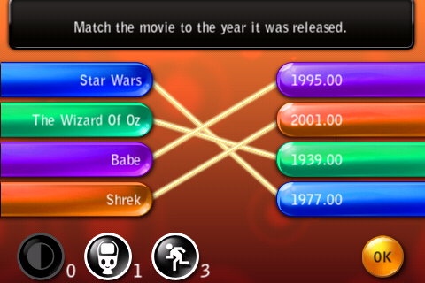 Map My Mind (iPhone) screenshot: Pair-matching question, connect the movies with the correct year