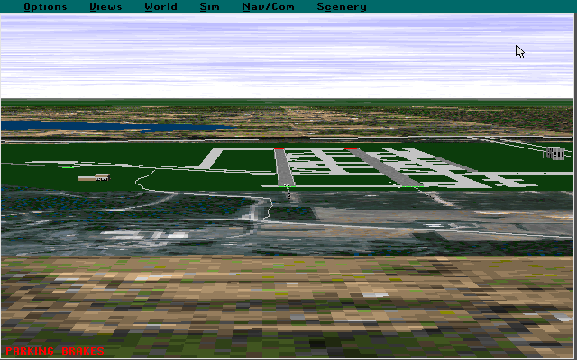 MicroWINGS Dallas/Ft. Worth (DFW) Scenery (DOS) screenshot: The plane is on runway 36L of Dallas / Fort Worth International airport, viewed here from 15000 feet away using enhanced scenery.