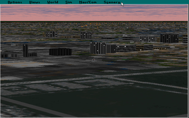MicroWINGS Dallas/Ft. Worth (DFW) Scenery (DOS) screenshot: Flying over Addison at dawn