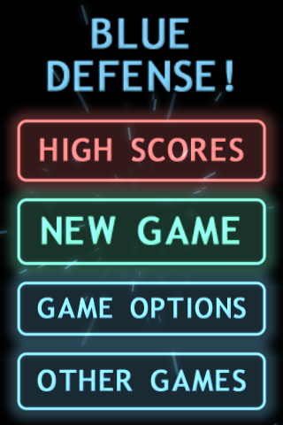 Blue Defense! (iPhone) screenshot: Title screen and main menu