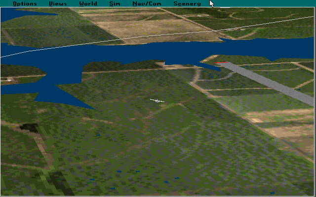 MicroWINGS Dallas/Ft. Worth (DFW) Scenery (DOS) screenshot: This is a view of Weatherfield airport in Parker County showing one of the bridges that crosses the inland lake. neither the airfield nor the lake shows on the standard scenery