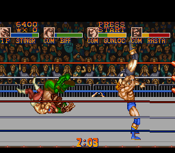 Saturday Night Slam Masters (SNES) screenshot: Stingray and Biff vs Gunloc and Rasta