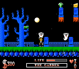 The Addams Family (NES) screenshot: Outside the moon is shining, and ghosts are thirsty for my blood...