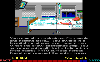 Red Storm Rising (DOS) screenshot: In a hospital room after a failed mission.
