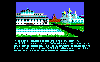 Red Storm Rising (DOS) screenshot: A bomb explodes in the Kremlin.