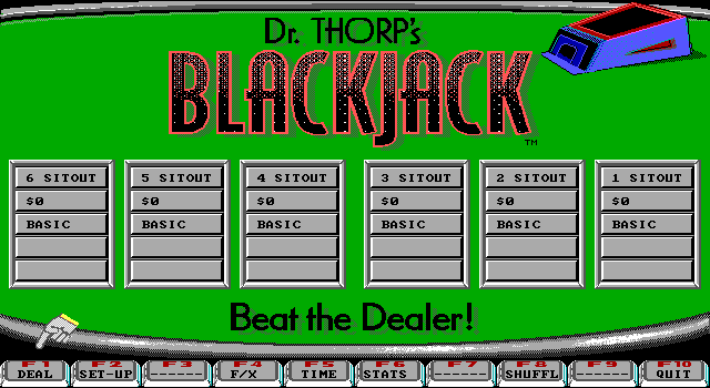 Dr. Thorp's Mini Blackjack (DOS) screenshot: Title Screen and Main Menu