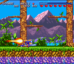 Sparkster (SNES) screenshot: Being a rocket knight, Sparkster can charge at enemies with his sword.