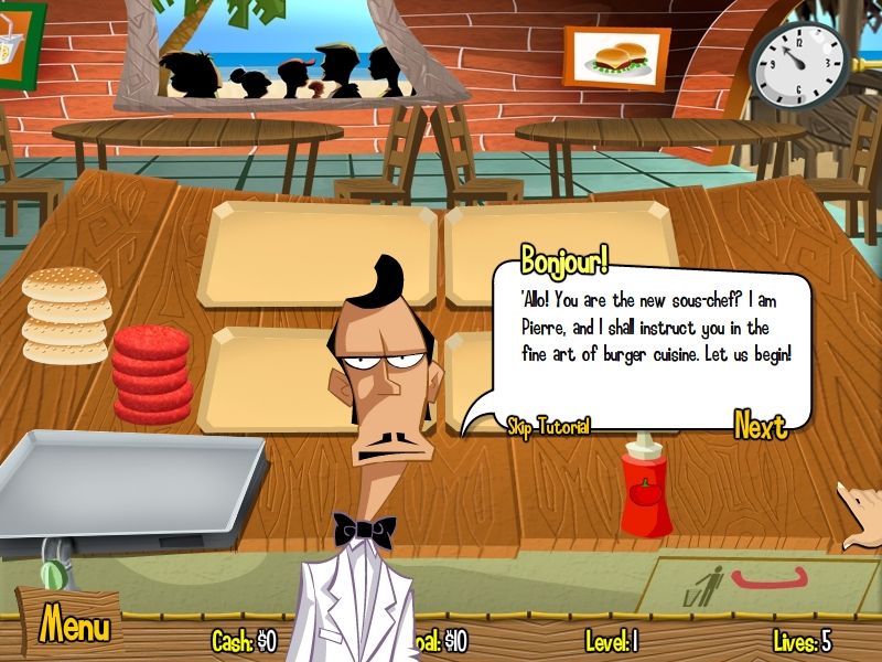 Burger Island (Windows) screenshot: This is Pierre, who will help you to learn how to work here.