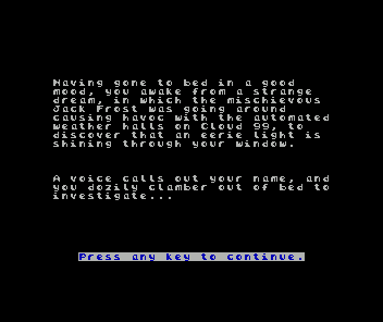 Cloud 99 (ZX Spectrum) screenshot: Zenobi Software release: The backstory<br>Text version