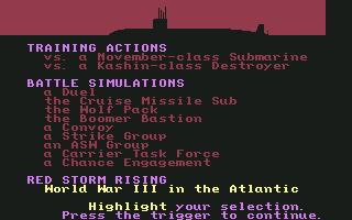 Red Storm Rising (Commodore 64) screenshot: Choose what you want to play - training, single simulations or Red Storm Rising campaign.
