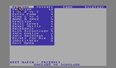 Emlyn Hughes International Soccer (Commodore 64) screenshot: Options menu