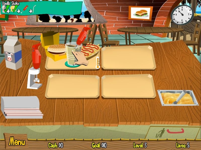 Burger Island (Windows) screenshot: A milk shake level. Shakes are different, you have to wait for the blender to do its job, and unlike burgers and fries, it takes place when you're in the middle of the recipe, not the start.
